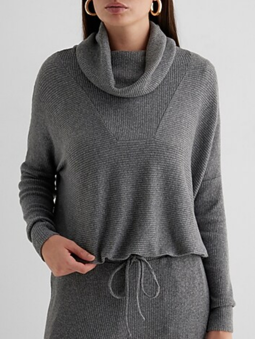 Express Ribbed Cozy Knit Turtleneck Cinched Hem Top Heather Gray Size S